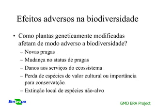 Efeitos adversos na biodiversidade
• Como plantas geneticamente modificadas
  afetam de modo adverso a biodiversidade?
  – Novas pragas
  – Mudança no status de pragas
  – Danos aos serviços do ecossistema
  – Perda de espécies de valor cultural ou importância
    para conservatção
  – Extinção local de espécies não-alvo

                                              GMO ERA Project
 