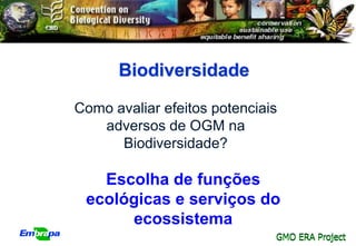 Biodiversidade

Como avaliar efeitos potenciais
   adversos de OGM na
      Biodiversidade?

   Escolha de funções
 ecológicas e serviços do
      ecossistema
                              GMO ERA Project
 