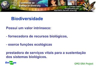 Biodiversidade

Possui um valor intrínseco:

- fornecedora de recursos biológicos,

- exerce funções ecológicas

prestadora de serviços vitais para a sustentação
dos sistemas biológicos.
                                         GMO ERA Project
 