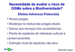 Necessidade de avaliar o risco de
  OGMs sobre a Biodiversidade?
        Efeitos Adversos Potenciais
• Novas pragas
• Mudança no status das pragas atuais
• Danos aos serviços dos ecossistemas
• Perda de espécies de interesse cultural e
conservacionista
• Extinção local de espécies não-alvo

                                        GMO ERA Project
 