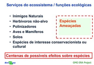 Serviços do ecossistema / funções ecológicas

 •   Inimigos Naturais
 •   Herbivoros não-alvo       Espéciesde
                               Criação
                               Perda de
                               Degradação
 •   Polinizadores             Ameaçadas
                               novas pragas
                               Serviços
                               dos solos
 •   Aves e Mamíferos          Ecológicos
 •   Solos
 •   Espécies de interesse conservacionista ou
     cultural

Centenas de possíveis efeitos sobre espécies
                                      GMO ERA Project
 