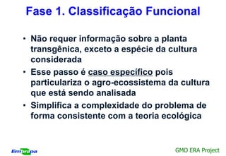 Fase 1. Classificação Funcional

• Não requer informação sobre a planta
  transgênica, exceto a espécie da cultura
  considerada
• Esse passo é caso específico pois
  particulariza o agro-ecossistema da cultura
  que está sendo analisada
• Simplifica a complexidade do problema de
  forma consistente com a teoria ecológica


                                    GMO ERA Project
 