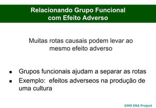 Relacionando Grupo Funcional
            com Efeito Adverso


       Muitas rotas causais podem levar ao
              mesmo efeito adverso


   Grupos funcionais ajudam a separar as rotas
   Exemplo: efeitos adverseos na produção de
    uma cultura

                                       GMO ERA Project
 