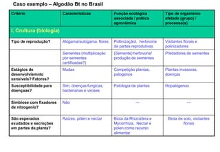 Caso exemplo – Algodão Bt no Brasil
Critério                 Caracteristicas            Função ecológica            Tipo de organismo
                                                    associada / prática         afetado (grupo) /
                                                    agronômica                  processo(s)
I. Crultura (biologia)

Tipo de reprodução?      Alógama/autogama, flores   Pollinizaçãot, herbivoria   Visitantes florais e
                                                    de partes reprodutivas      polinizadores
                         Sementes (multiplicação    (Semente) herbivoria/       Predadores de sementes
                         por sementes               produção de sementes
                         certificadas?)
Estágios de              Mudas                      Competiçào plantas,         Plantas invasoras,
desenvolviemnto                                     patogenos                   doenças
sensíveis? Fatores?
Susceptibilidade para    Sim, doenças fungicas,     Patologia de plantas        fitopatógenos
doençaas?                bacterianas e viroses


Simbiose com fixadores   Não                                    ---                          ---
de nitrogenio?

São esperados            Raízes, pólen e nectar     Biota da Rhizosfera e        Biota de solo, visitantes
exudados e secreções                                Mycorrhiza, Nectar e                  florais
em partes da planta?                                polen como recurso
                                                    alimentar
 