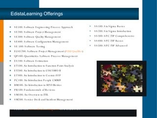 EdistaLearning Offerings SE100: Software Engineering Process Approach  SE200: Software Project Management SE300: Software Quality Management SE400: Software Configuration Management SE 500: Software Testing ELSE200: Software Project Management ( PDU Qualifier ) QP100: Quantitative Software Process Management ES100: Software Estimation ET100: An Introduction to Function Point Analysis  ET200: An Introduction to COCOMO II  ET300: An Introduction to Cosmic-FFP PC100: An Introduction People CMM®  BM100: An Introduction to BPO Metrics PR100: Fundamentals of Reviews SM100: An Overview to ITIL SM200: Service Desk and Incident Management Please visit  www.edistaLearning.com  for a detailed list. SS100: Six Sigma Basics  SS200: Six Sigma Introduction  SS300: SPC-TIP Comprehensive  SS400: SPC-TIP Basics  SS500: SPC-TIP Advanced  