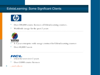 Over 200,000 course licenses of EdistaLearning courses.  Worldwide usage for the past 2 years  A 3 year enterprise wide usage contract for EdistaLearning courses Over 40,000+ users Client for over over 2 years Over 55000 course licenses … and others EdistaLearning: Some Significant Clients 