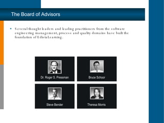The Board of Advisors Several thought leaders and leading practitioners from the software engineering management, process and quality domains have built the foundation of EdistaLearning. Dr. Roger S. Pressman Bruce Schoor Steve Bender Theresa Morris  