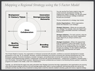 Mapping a Regional Strategy using the 5 Factor Model You can use the Five Factor model to map your current economic development strategy. By mapping your region’s strategy, you can get a good overview of how well your strategy is balanced, focused and connected. The key components of a strategy map include: Anchor Organizations.--  Which organizations anchor the networks in your strategy?  Strategic Outcomes.--  Where are you going with your strategy? For example, does your region have a set of clearly articulated outcomes in developing Brainpower? Strategic Initiatives.--  For each outcome, what are the major initiatives that your anchor organizations guide? What are you doing to achieve your outcomes?  Strategic Investment.--  What is the approximate level of investment in each of the areas? You can estimate this in a variety of ways, but it is helpful to focus only on the investments that you can guide through your strategy. It’s also helpful to distinquish between operating expenses and capital expenditures.  The 5 Factor Model is inclusive. Any organization or individual concerned with education, workforce or economic development is located somewhere on the map. So, for example, educators, workforce developers and anyone concerned with individual development are in the Brainpower quadrant. Economic developers, incubator managers, and professionals concerned with business development are in the Innovation and Entrepreneurship quadrant. Professionals concerned with physical development -- infrastructure, broadband, industrial parks -- are in the Quality, Connected Places quadrant. Marketing and tourism professionals are located in the Branding Stories quadrant. Leadership programs are located in the middle, under Civic Collaboration.  Typically, you will find that the region has rarely articulated clear Strategic Outcomes that align organizations; that organizations are pursuing many disconnected initiatives that fail to link and leverage assets either within or across quadrants; that branding stories are narrow and confused; and that very little (if any) investment is being made to build the networks needed to develop, guide and revise a regional strategy. 