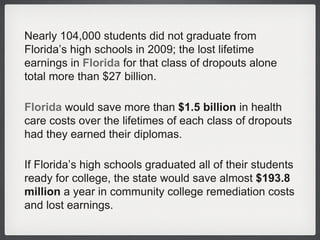 Nearly 104,000 students did not graduate from Florida’s high schools in 2009; the lost lifetime earnings in  Florida  for that class of dropouts alone total more than $27 billion. Florida  would save more than  $1.5 billion  in health care costs over the lifetimes of each class of dropouts had they earned their diplomas. If Florida’s high schools graduated all of their students ready for college, the state would save almost  $193.8 million  a year in community college remediation costs and lost earnings. 