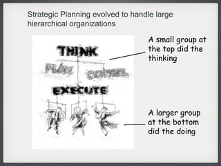 Strategic Planning evolved to handle large hierarchical organizations A small group at the top did the thinking A larger group at the bottom did the doing 