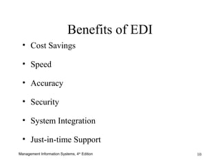 Benefits of EDI Cost Savings Speed Accuracy Security System Integration Just-in-time Support 