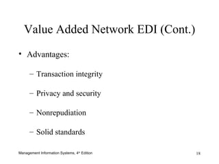 Advantages: Transaction integrity Privacy and security Nonrepudiation Solid standards Value Added Network EDI (Cont.) 