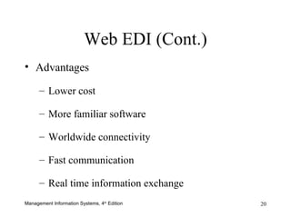 Advantages Lower cost More familiar software Worldwide connectivity Fast communication Real time information exchange Web EDI (Cont.) 