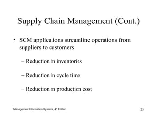Supply Chain Management (Cont.) SCM applications streamline operations from suppliers to customers Reduction in inventories Reduction in cycle time Reduction in production cost 