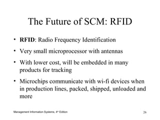 RFID : Radio Frequency Identification Very small microprocessor with antennas With lower cost, will be embedded in many products for tracking Microchips communicate with wi-fi devices when in production lines, packed, shipped, unloaded and more The Future of SCM: RFID 