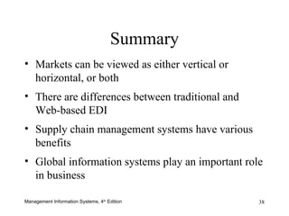 Summary Markets can be viewed as either vertical or horizontal, or both There are differences between traditional and Web-based EDI Supply chain management systems have various benefits Global information systems play an important role in business 