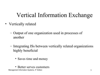 Vertical Information Exchange Vertically related Output of one organization used in processes of another  Integrating ISs between vertically related organizations highly beneficial Saves time and money Better serves customers 