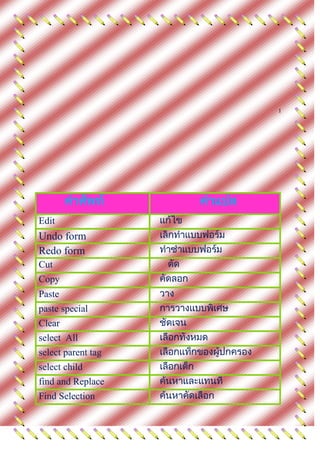 1




Edit
Undo form
Redo form
Cut
Copy
Paste
paste special
Clear
select All
select parent tag
select child
find and Replace
Find Selection
 