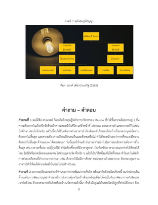 8
ภาพที่ 1 หลักคิดภูมิปัญญา
ที่มา: ณรงค์ เพ็ชรประเสริฐ (2565)
คาถาม – คาตอบ
คาถามที่ 1 ผมได้ฟัง ดร.ณรงค์ ก็เลยคิดถึงทฤษฎีหลักการบริหารของ Maslow ที่ว่ามีขั้นความต้องการอยู่ 5 ขั้น
ความต้องการในเรื่องปัจจัยสี่จนถึงความสมหวังในชีวิต แต่สิ่งหนึ่งที่ Maslow สอนอาจารย์ และอาจารย์ก็ไปสอน
นักศึกษา สอนไม่ลึกครับ แต่วันนี้ผมได้รับสติจากท่านอาจารย์ ก็คงต้องกลับไปสอนใหม่ ในเรื่องของมนุษย์มีความ
ต้องการไม่สิ้นสุด และความต้องการเบียดเบียนคนอื่นและสังคมหรือไม่ ทาให้ตะหนักเลยว่าการที่คนเรามีความ
ต้องการไม่สิ้นสุด ที่ Maslow ได้เคยสอนมา วันนี้ผมเข้าใจแล้วว่าเราจะทาอย่างไรในการละเลิกความต้องการที่ไม่
สิ้นสุด เช่น เวลาจะซื้อรถ รถญี่ปุ่นก็ได้ ทาไมต้องซื้อรถที่มีราคาสูงกว่า เงินที่เหลือเราสามารถแจกจ่ายให้สังคมได้
ไหม ในวิถีหรือเทคนิคของแต่ละคน ไปทาบุญตามวัด ซึ่งจริง ๆ แล้วก็เป็นวิธีหนึ่งแต่ไม่ใช่ทั้งหมด ทาไมเราไม่คิดถึง
การช่วยเหลือคนที่ลาบากมากกว่าเรา เช่น เด็กยากไร้ไม่มีการศึกษา คนป่วยตามโรงพยาบาล ต้องขอบคุณท่าน
อาจารย์ทาให้ผมได้ความคิดที่เป็นประโยชน์สาหรับผม
คาถามที่ 2 อยากจะเรียนถามท่านที่ท่านบอกว่าการพัฒนากายกับจิต หรือเรากับสังคมในบริบทนี้ ผมว่าน่าจะเป็น
ทั้งหมดในการพัฒนามนุษย์ ทาอย่างไรเราถึงกระตุ้นหรือสร้างสิ่งแวดล้อมที่จะให้คนนั้นหันมาพัฒนากายกับจิตและ
เรากับสังคม ถ้าเราสามารถค้นคิดหรือสร้างนวัตกรรมตัวนี้มา ที่จริงมีอยู่แล้วในพระไตรปิฎกที่ท่านได้ยกมา ต้อง
 