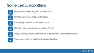 Some useful algorithms
Regressions: linear, logistic, poisson, lasso
SVM: linear, kernel, hard/soft margin
Clustering: k-means, kNN, hierarchical
Decision trees: decision tree, randomForest
Deep learning: Boltzman machines, autoencoders, recurrent networks
Ensemble methods: AdaBoost, VotingClassifier
 