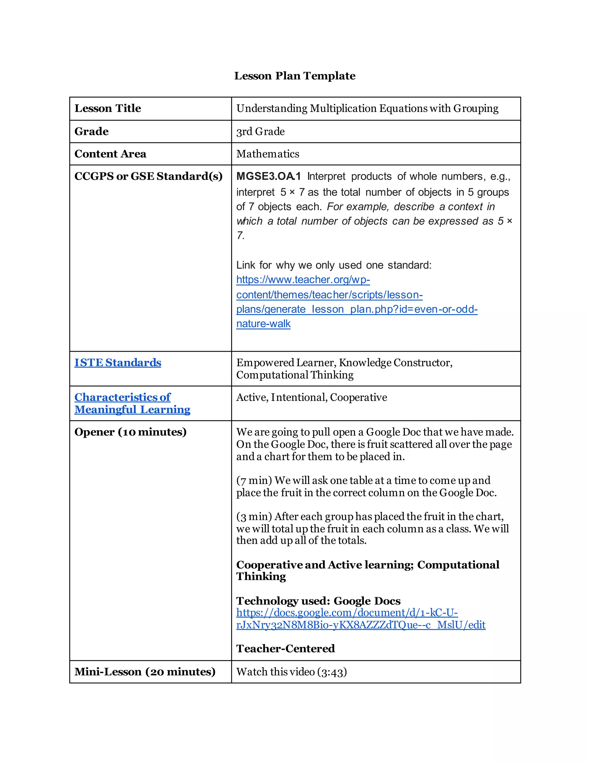 3rd Grade Mathematics Lesson Plan PDF Free Download