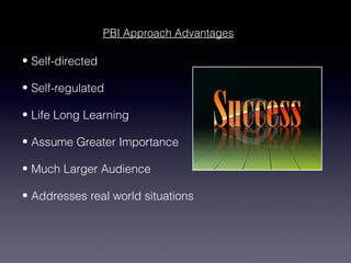 PBI Approach Advantages

• Self-directed

• Self-regulated

• Life Long Learning

• Assume Greater Importance

• Much Larger Audience

• Addresses real world situations
 