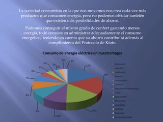 La sociedad consumista en la que nos movemos nos crea cada vez más 
productos que consumen energía, pero no podemos olvidar también 
que existen más posibilidades de ahorro. 
Podemos conseguir el mismo grado de confort gastando menos 
energía, todo consiste en administrar adecuadamente el consumo 
energético, teniendo en cuenta que su ahorro contribuirá además al 
cumplimiento del Protocolo de Kioto. 
 
