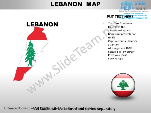 Editable lebanon power point map with capital and flag templates slid…