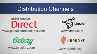 Distribution Channels
www.globalsourcesdirect.com
www.trycelery.com
www.tindie.com
www.grandst.com
 