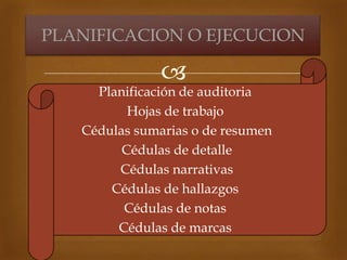 
Planificación de auditoria
Hojas de trabajo
Cédulas sumarias o de resumen
Cédulas de detalle
Cédulas narrativas
Cédulas de hallazgos
Cédulas de notas
Cédulas de marcas
PLANIFICACION O EJECUCION
 