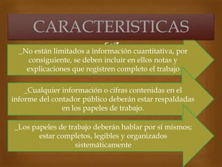 _No están limitados a información cuantitativa, por
consiguiente, se deben incluir en ellos notas y
explicaciones que registren completo el trabajo
_Cualquier información o cifras contenidas en el
informe del contador público deberán estar respaldadas
en los papeles de trabajo.
CARACTERISTICAS
_Los papeles de trabajo deberán hablar por sí mismos;
estar completos, legibles y organizados
sistemáticamente
 