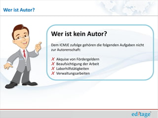 Wer ist Autor?



                 Wer ist kein Autor?
                 Dem ICMJE zufolge gehören die folgenden Aufgaben nicht
                 zur Autorenschaft:

                 X   Akquise von Fördergeldern
                 X   Beaufsichtigung der Arbeit
                 X   Laborhilfstätigkeiten
                 X   Verwaltungsarbeiten
 