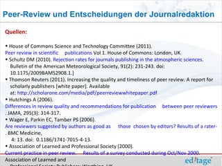 Peer-Review und Entscheidungen der Journalredaktion

Quellen:

• House of Commons Science and Technology Committee (2011).
Peer review in scientific publications Vol 1. House of Commons: London, UK.
• Schultz DM (2010). Rejection rates for journals publishing in the atmospheric sciences.
   Bulletin of the American Meteorological Society, 91(2): 231-243. doi:
   10.1175/2009BAMS2908.1.]
• Thomson Reuters (2011). Increasing the quality and timeliness of peer review: A report for
   scholarly publishers [white paper]. Available
   at: http://scholarone.com/media/pdf/peerreviewwhitepaper.pdf
• Hutchings A (2006).
Differences in review quality and recommendations for publication between peer reviewers su
. JAMA, 295(3): 314-317.
• Wager E, Parkin EC, Tamber PS (2006).
Are reviewers suggested by authors as good as those chosen by editors? Results of a rater-bli
. BMC Medicine,
    4: 13. doi: 0.1186/1741-7015-4-13.
• Association of Learned and Professional Society (2000).
Current practice in peer review. Results of a survey conducted during Oct/Nov 2000.
Association of Learned and
 