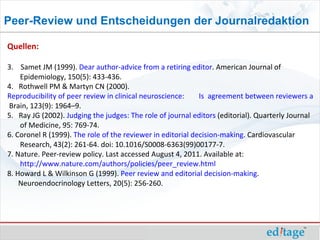 Peer-Review und Entscheidungen der Journalredaktion

Quellen:

3. Samet JM (1999). Dear author-advice from a retiring editor. American Journal of
    Epidemiology, 150(5): 433-436.
4. Rothwell PM & Martyn CN (2000).
Reproducibility of peer review in clinical neuroscience:     Is agreement between reviewers any
Brain, 123(9): 1964–9.
5. Ray JG (2002). Judging the judges: The role of journal editors (editorial). Quarterly Journal
    of Medicine, 95: 769-74.
6. Coronel R (1999). The role of the reviewer in editorial decision-making. Cardiovascular
    Research, 43(2): 261-64. doi: 10.1016/S0008-6363(99)00177-7.
7. Nature. Peer-review policy. Last accessed August 4, 2011. Available at:
    http://www.nature.com/authors/policies/peer_review.html
8. Howard L & Wilkinson G (1999). Peer review and editorial decision-making.
    Neuroendocrinology Letters, 20(5): 256-260.
 