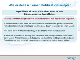 Wie erstelle ich einen Publikationszeitplan
               Legen Sie die nächsten Schritte fest, wenn Sie eine
                        Rückmeldung vom Journal haben

Szenario 1: Ihr Manuskript wird vom Journal bereits vor dem Peer-Review abgelehnt.

In diesem Szenario wird Ihnen das Journal recht schnell Bescheid geben - in manchen
Fällen bereits innerhalb eines Tages - und meistens dauert es weniger als einen Monat.

Hier bleibt Ihnen nichts anderes übrig, als ein anderes Journal auszusuchen.

Aus diesem Grunde ist es wichtig, dass Sie bereits eine Backup-Liste mit Alternativen
parat haben. Wählen Sie das nächste Journal aus Ihrer Liste und beginnen Sie mit dem
Einreichungsprozess ohne Zeit zu verlieren und nach anderen Journals zu suchen.
 