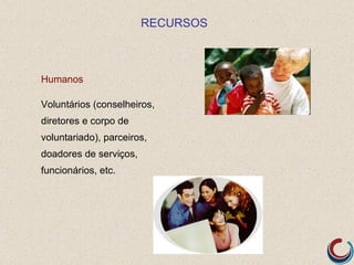 RECURSOS



Humanos

Voluntários (conselheiros,
diretores e corpo de
voluntariado), parceiros,
doadores de serviços,
funcionários, etc.
 