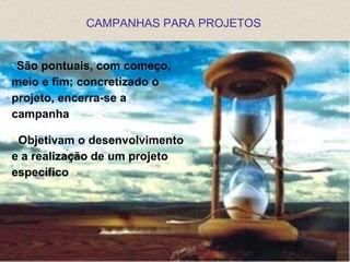 CAMPANHAS PARA PROJETOS


•São pontuais, com começo,
meio e fim; concretizado o
projeto, encerra-se a
campanha

•Objetivam o desenvolvimento
e a realização de um projeto
específico
 