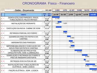 CRONOGRAMA Físico - Financeiro
HOJE 1/10/2006
1                  - Salão - Orçamento         631.340        8.005           3.575            41.357              10.000              54.618          157.485




                                                                                          25
                                                                                               26
                                                                                                    27
                                                                                                         28
                                                                                                              29
                                                                                                                   30
                                                                                                                        31
                                                                                                                             32
                                                                                                                                  33
                                                                                                                                       34
                                                                                                                                            35
                                                                                                                                                 36
                                                                                                                                                      37
                                                                                                                                                           38
                                                                                                                                                                39
                                                                                                                                                                     40
                                                      1




                                                          1
                                                              2
                                                                  3
                                                                      4
                                                                          5
                                                                              6
                                                                                  7
                                                                                      8
C
                                            SEM QTD
D                        TAREFA
                                             INI    SEM
                                                          jan-06          fev-06           jul-06             ago-06              set-06              out-06
T
                                              1       4   # # # #
          DEMOLIÇÃO DAS PAREDES, PISOS,
8   1                                          VALOR          6.180
           TUBULAÇÕES E PALCO ANTIGO            6.180
                                              4       2               # #
8   2            INSTALAÇÃO DE HIDRANTE        VALOR          1.825           1.825
                                                3.650
                                             3     3
8   3   EXECUÇÃO DA NOVA CABINE DE SOM        VALOR

                                             7       2                            # #
8   4       RETIRADA PARCIAL DO FORRO         VALOR                           1.750
                                               1.750
                                             25      2                                    # #
           QUEBRA DO PISO DO PATIO E DA
8   5                                         VALOR                                             5.800
                    CANTINA                    5.800
                                             26      2                                         # #
9   6            ARREMATES DAS PAREDES        VALOR                                             2.240
                                               2.240
                                             27      2                                              # #
        IMPERMEABILIZAÇÃO E EXECUÇÃO DO
8   7                                         VALOR                                            33.317
           NOVO PISO DA PATIO E CANTINA       33.317
                                             29      4                                                        # # # #
             ELABORAÇÃO DE PROJETOS
8   8                                         VALOR                                                                10.000
          (ARQUITETURA, SOM, ILUMINAÇÃO)      10.000
                                             33      3                                                                            # # #
        DEMOLIÇÃO E RETIRADA DO FORRO E
8   9                                         VALOR                                                                                        5.080
           PISO DE MADEIRA EXISTENTE           5.080
                                             34      1                                                                                 #
8 10         RETIRADA DOS DUTOS DE AR         VALOR                                                                                        4.000
                                               4.000
                                             35      5                                                                                      # # # # #
          INSTALAÇÃO DAS TUBULAÇÕES DE
8 11                                          VALOR                                                                                        6.360            9.540
              ELÉTRICA , SOM, LOGICA          15.900
                                             37      4                                                                                                # # # #
8 12       FIAÇÃO ELÉTRICA , SOM , LOGICA     VALOR                                                                                                        10.000
                                              10.000
 