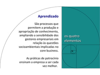 Aprendizado São processos que permitem a produção e apropriação de conhecimento, ampliando a sensibilidade dos gestores empresariais em relação às questões socioambientais implicadas no core business. As práticas de patrocínio ensinam a empresa a ser cada vez melhor.  os quatro elementos 