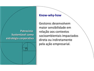 Know-why-how Gestores desenvolvem  maior sensibilidade em relação aos contextos socioambientais impactados direta ou indiretamente  pela ação empresarial. Patrocínio  Sustentável como estratégia corporativa 
