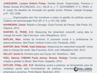 JUNQUEIRA, Luciano Antônio Prates. Gestão Social: Organização, Parceria e
Redes Sociais IN:CANÇADO, A.C.; SILVA Jr, J. T.; SCHOMMER, P. C.; RIGO, A.
S. (orgs) Os desafios da formação em gestão social. Palmas: coleção Enapegs
p.87 -103. 2008.
______. Organizações sem fins lucrativos e redes na gestão de políticas sociais,
Caderno de Administração PUC-SP, nº 3, p 101-126. 2000.
KAHNEMAN, Daniel. Rápido e Devagar: Duas Formas de Pensar. São Paulo: Ed.
Objetiva, 2012.
KANTER, B.; PAINE, K.D. Measuring the networked nonprofit: using data to
change the world. São Francisco: John Wiley&Sons, 2012.
KAPLAN, Allan. Artista do Invisível: O processo social e o profissional de
desenvolvimento. São Paulo: Instituto Fonte e Ed. Peirópolis, 2002.
KANTER, Beth; PAINE, Katie Delahaye. Measuring the networked nonprofit: Using
data to change the world. São Francisco, EUA: John Wiley&Sons INC, 2012.
KELLEY, Daniel Q. Dinheiro para sua Causa. Ed. TextoNovo, 1994.
KISIL, Marcos; FABIANI Paula Jancso; Alvarez, Rodrigo. Fundos patrimoniais:
criação e gestão no Brasil. São Paulo: Zeppelini, 2012.
KOTLER, Phillip; LEE, N.R. Marketing contra a pobreza: as ferramentas para da
mudança social para formuladores de políticas, empreendedores, ONGs,
empresas e governos. Porto Alegre: Bookman, 2010.
 