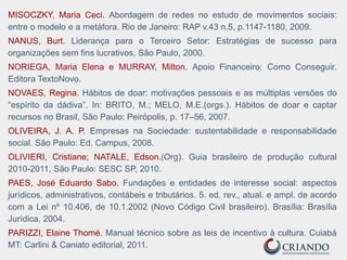 MISOCZKY, Maria Ceci. Abordagem de redes no estudo de movimentos sociais:
entre o modelo e a metáfora. Rio de Janeiro: RAP v.43 n.5, p.1147-1180, 2009.
NANUS, Burt. Liderança para o Terceiro Setor: Estratégias de sucesso para
organizações sem fins lucrativos, São Paulo, 2000.
NORIEGA, Maria Elena e MURRAY, Milton. Apoio Financeiro: Como Conseguir.
Editora TextoNovo.
NOVAES, Regina. Hábitos de doar: motivações pessoais e as múltiplas versões do
“espírito da dádiva”. In: BRITO, M.; MELO, M.E.(orgs.). Hábitos de doar e captar
recursos no Brasil, São Paulo: Peirópolis, p. 17–56, 2007.
OLIVEIRA, J. A. P. Empresas na Sociedade: sustentabilidade e responsabilidade
social. São Paulo: Ed. Campus, 2008.
OLIVIERI, Cristiane; NATALE, Edson.(Org). Guia brasileiro de produção cultural
2010-2011, São Paulo: SESC SP, 2010.
PAES, José Eduardo Sabo. Fundações e entidades de interesse social: aspectos
jurídicos, administrativos, contábeis e tributários. 5. ed. rev., atual. e ampl. de acordo
com a Lei nº 10.406, de 10.1.2002 (Novo Código Civil brasileiro). Brasília: Brasília
Jurídica, 2004.
PARIZZI, Elaine Thomé. Manual técnico sobre as leis de incentivo à cultura. Cuiabá
MT: Carlini & Caniato editorial, 2011.
 