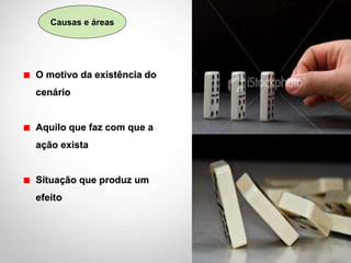 O motivo da existência do
cenário
Aquilo que faz com que a
ação exista
Situação que produz um
efeito
Causas e áreas
 
