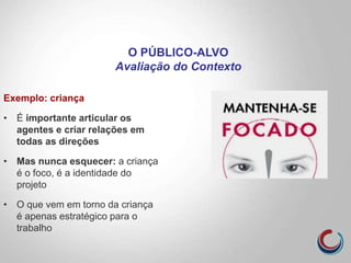 Exemplo: criança
• É importante articular os
agentes e criar relações em
todas as direções
• Mas nunca esquecer: a criança
é o foco, é a identidade do
projeto
• O que vem em torno da criança
é apenas estratégico para o
trabalho
O PÚBLICO-ALVO
Avaliação do Contexto
 