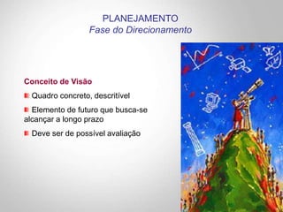 Conceito de Visão
Quadro concreto, descritível
Elemento de futuro que busca-se
alcançar a longo prazo
Deve ser de possível avaliação
PLANEJAMENTO
Fase do Direcionamento
 