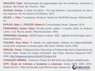 DRUCKER, Peter. Administração de organizações sem fins lucrativos: princípios e
práticas. São Paulo: Ed. Pioneira, 1994.
DUHIGG, Charles. O poder do hábito – Por que fazemos o que fazemos na vida e
nos negócios. Rio de Janeiro: Ed.Objetiva, 2012.
EDLES, L. Peter. Fundraising: Hands-on Tactics for NonProfit Groups. McGraw-Hill,
Inc.
EPPLER, Matin J.; PFISTER, Roland A. Comunicação Visual, Elsevier, 2014.
FERNANDES, Rubem César. Privado porém público: o terceiro setor na América
Latina. 2.ed. Rio de Janeiro: Relume-Dumará, 1994.
FERRAREZI, Elisabete. OSCIP passo a passo. AED. Agência de Educação para o
desenvolvimento.
FISCHER, Rosa Maria. O desafio da colaboração; práticas de responsabilidade
social entre empresas e terceiro setor. São Paulo: Editora Gente, 2002.
FREUND, Tomas A Relação Entre Voluntários e Profissionais Numa Organização do
Terceiro Setor: Existe Um Duplo Comando?. São Paulo: Revista Integração/ FGV,
2006. http://integracao.fgvsp.br/ano9/10/index.htm
FUNDAÇÃO ABRINQ. Incentivos Fiscais Em Benefício de criança e Adolescente.
GIFE: Grupo de institutos e fundações e empresas. Censo GIFE 2009- 2010.
Disponível em: <http://censo.gife.org.br/bloco3.asp> Acesso em: 14 de julho 2013.
 