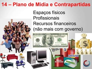 14 – Plano de Midia e Contrapartidas
Espaços físicos
Profissionais
Recursos financeiros
(não mais com governo)
 