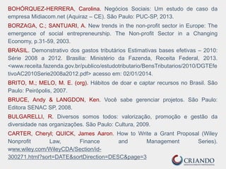BOHÓRQUEZ-HERRERA, Carolina. Negócios Sociais: Um estudo de caso da
empresa Midiacom.net (Aquiraz – CE). São Paulo: PUC-SP, 2013.
BORZAGA, C.; SANTUARI, A. New trends in the non-profit sector in Europe: The
emergence of social entrepreneurship. The Non-profit Sector in a Changing
Economy, p.31-59, 2003.
BRASIL. Demonstrativo dos gastos tributários Estimativas bases efetivas – 2010:
Série 2008 a 2012. Brasilia: Ministério da Fazenda, Receita Federal, 2013.
<www.receita.fazenda.gov.br/publico/estudotributario/BensTributarios/2010/DGTEfe
tivoAC2010Serie2008a2012.pdf> acesso em: 02/01/2014.
BRITO, M.; MELO, M. E. (org). Hábitos de doar e captar recursos no Brasil. São
Paulo: Peirópolis, 2007.
BRUCE, Andy & LANGDON, Ken. Você sabe gerenciar projetos. São Paulo:
Editora SENAC SP, 2008.
BULGARELLI, R. Diversos somos todos: valorização, promoção e gestão da
diversidade nas organizações. São Paulo: Cultura, 2009.
CARTER, Cheryl; QUICK, James Aaron. How to Write a Grant Proposal (Wiley
Nonprofit Law, Finance and Management Series).
www.wiley.com/WileyCDA/Section/id-
300271.html?sort=DATE&sortDirection=DESC&page=3
 