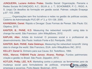 JUNQUEIRA, Luciano Antônio Prates. Gestão Social: Organização, Parceria e
Redes Sociais IN:CANÇADO, A.C.; SILVA Jr, J. T.; SCHOMMER, P. C.; RIGO, A.
S. (orgs) Os desafios da formação em gestão social. Palmas: coleção Enapegs
p.87 -103. 2008.
______. Organizações sem fins lucrativos e redes na gestão de políticas sociais,
Caderno de Administração PUC-SP, nº 3, p 101-126. 2000.
KAHNEMAN, Daniel. Rápido e Devagar: Duas Formas de Pensar. São Paulo: Ed.
Objetiva, 2012.
KANTER, B.; PAINE, K.D. Measuring the networked nonprofit: using data to
change the world. São Francisco: John Wiley&Sons, 2012.
KAPLAN, Allan. Artista do Invisível: O processo social e o profissional de
desenvolvimento. São Paulo: Instituto Fonte e Ed. Peirópolis, 2002.
KANTER, Beth; PAINE, Katie Delahaye. Measuring the networked nonprofit: Using
data to change the world. São Francisco, EUA: John Wiley&Sons INC, 2012.
KELLEY, Daniel Q. Dinheiro para sua Causa. Ed. TextoNovo, 1994.
KISIL, Marcos; FABIANI Paula Jancso; Alvarez, Rodrigo. Fundos patrimoniais:
criação e gestão no Brasil. São Paulo: Zeppelini, 2012.
KOTLER, Phillip; LEE, N.R. Marketing contra a pobreza: as ferramentas para da
mudança social para formuladores de políticas, empreendedores, ONGs,
empresas e governos. Porto Alegre: Bookman, 2010.
 