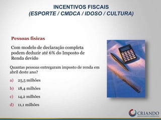 Pessoas físicas
Com modelo de declaração completa
podem deduzir até 6% do Imposto de
Renda devido
Quantas pessoas entregaram imposto de renda em
abril deste ano?
a) 25,5 milhões
b) 18,4 milhões
c) 14,2 milhões
d) 11,1 milhões
INCENTIVOS FISCAIS
(ESPORTE / CMDCA / IDOSO / CULTURA)
 